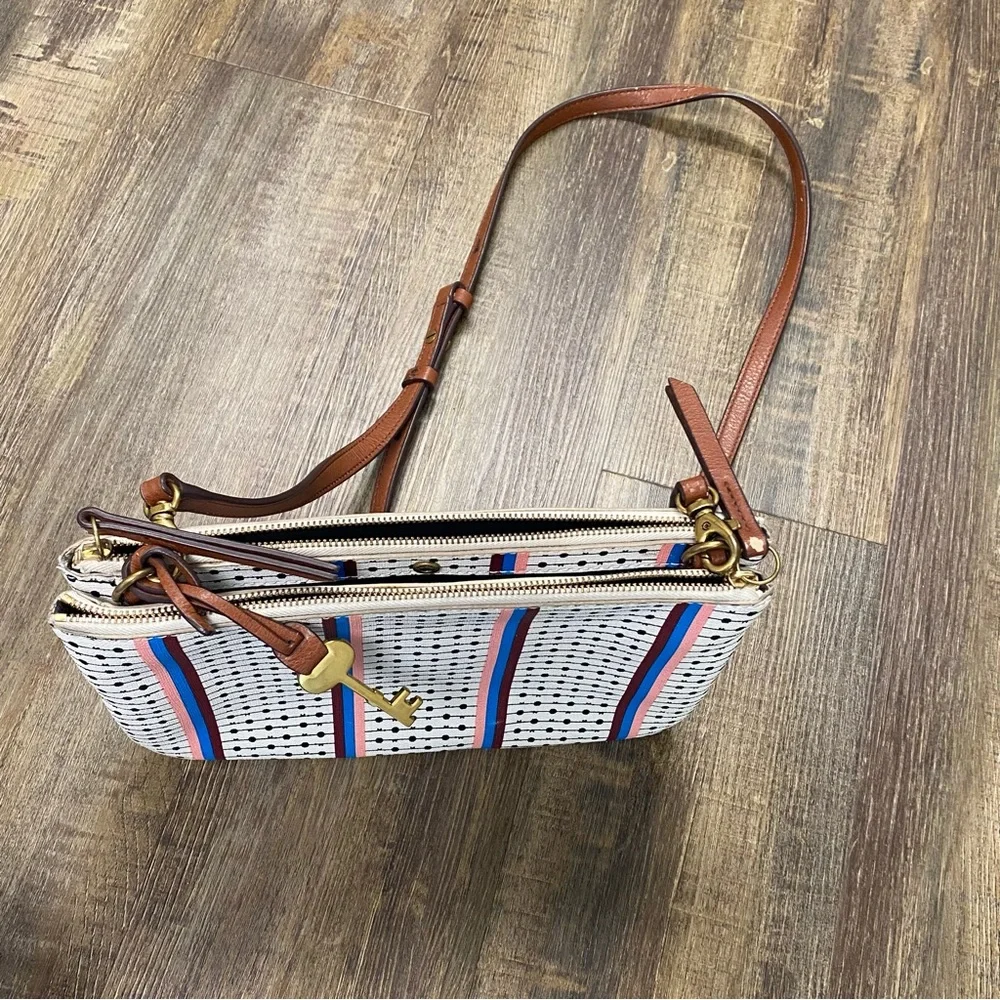 Fossil Cream and Brown Clutch /Crossbody with Leather Accents Logo Key Small Bag